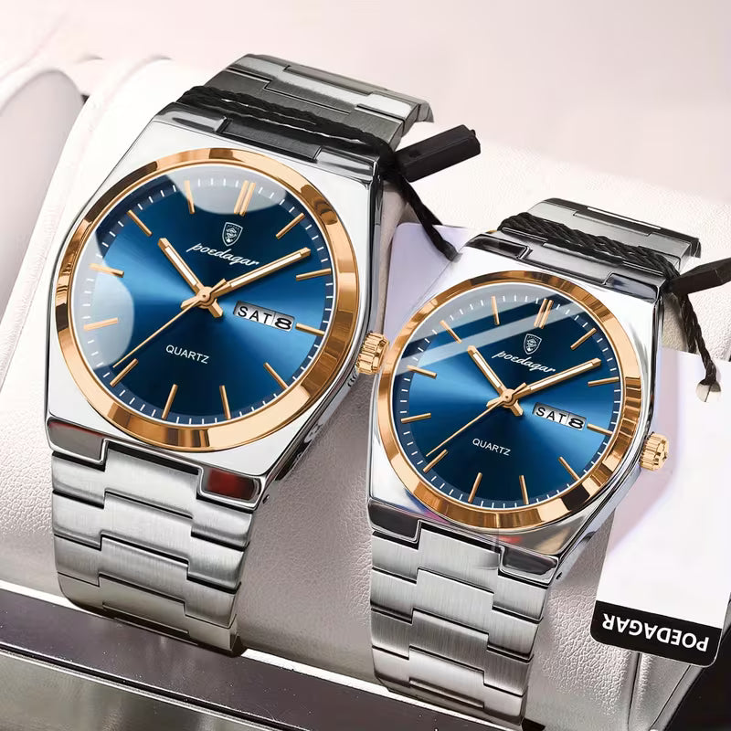 Luxury Blue Dial Couple Watch Set – Stainless Steel His & Hers Quartz Watches