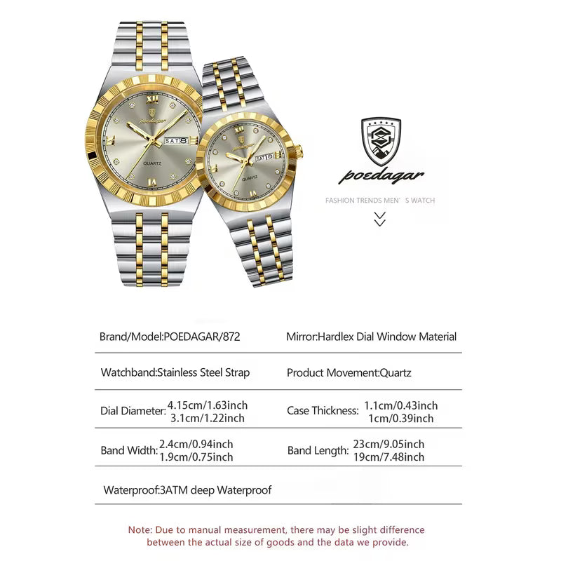 Luxury Gold & Silver Couple Watch Set – His & Hers Quartz Watches