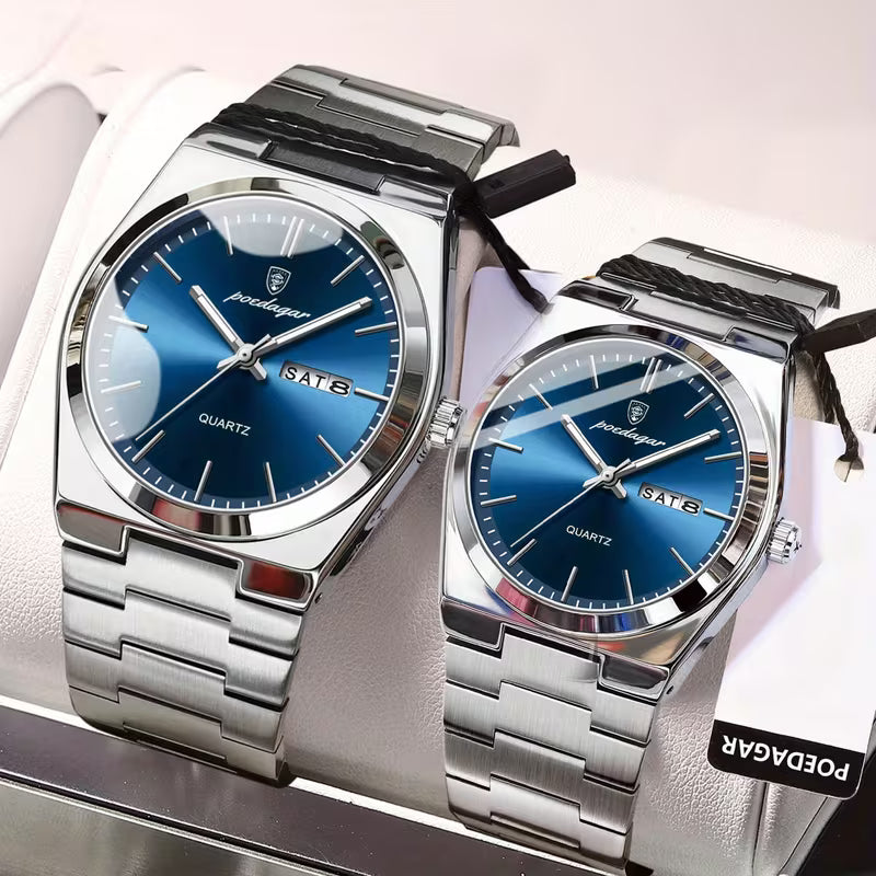 Luxury Blue Dial Couple Watch Set – Stainless Steel His & Hers Quartz Watches