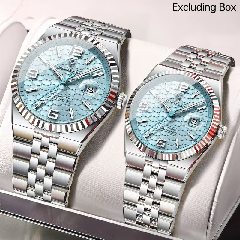Luxury Ice Blue Couple Watch Set – His & Hers Stainless Steel Quartz Watches