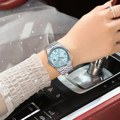 Luxury Ice Blue Couple Watch Set – His & Hers Stainless Steel Quartz Watches