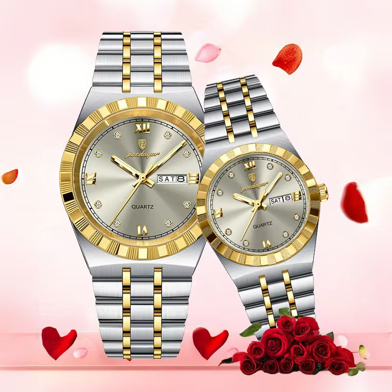 Luxury Gold & Silver Couple Watch Set – His & Hers Quartz Watches