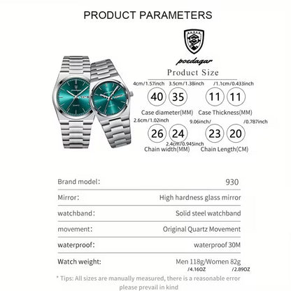 Luxury Blue Dial Couple Watch Set – Stainless Steel His & Hers Quartz Watches