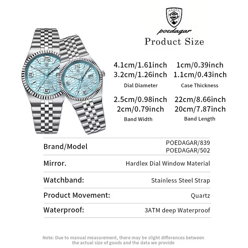 Luxury Ice Blue Couple Watch Set – His & Hers Stainless Steel Quartz Watches