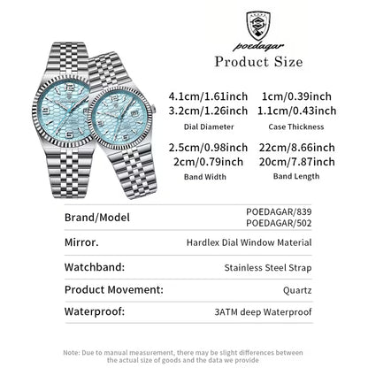 Luxury Ice Blue Couple Watch Set – His & Hers Stainless Steel Quartz Watches