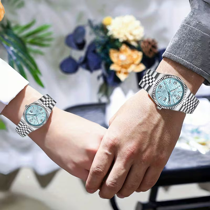 Luxury Ice Blue Couple Watch Set – His & Hers Stainless Steel Quartz Watches